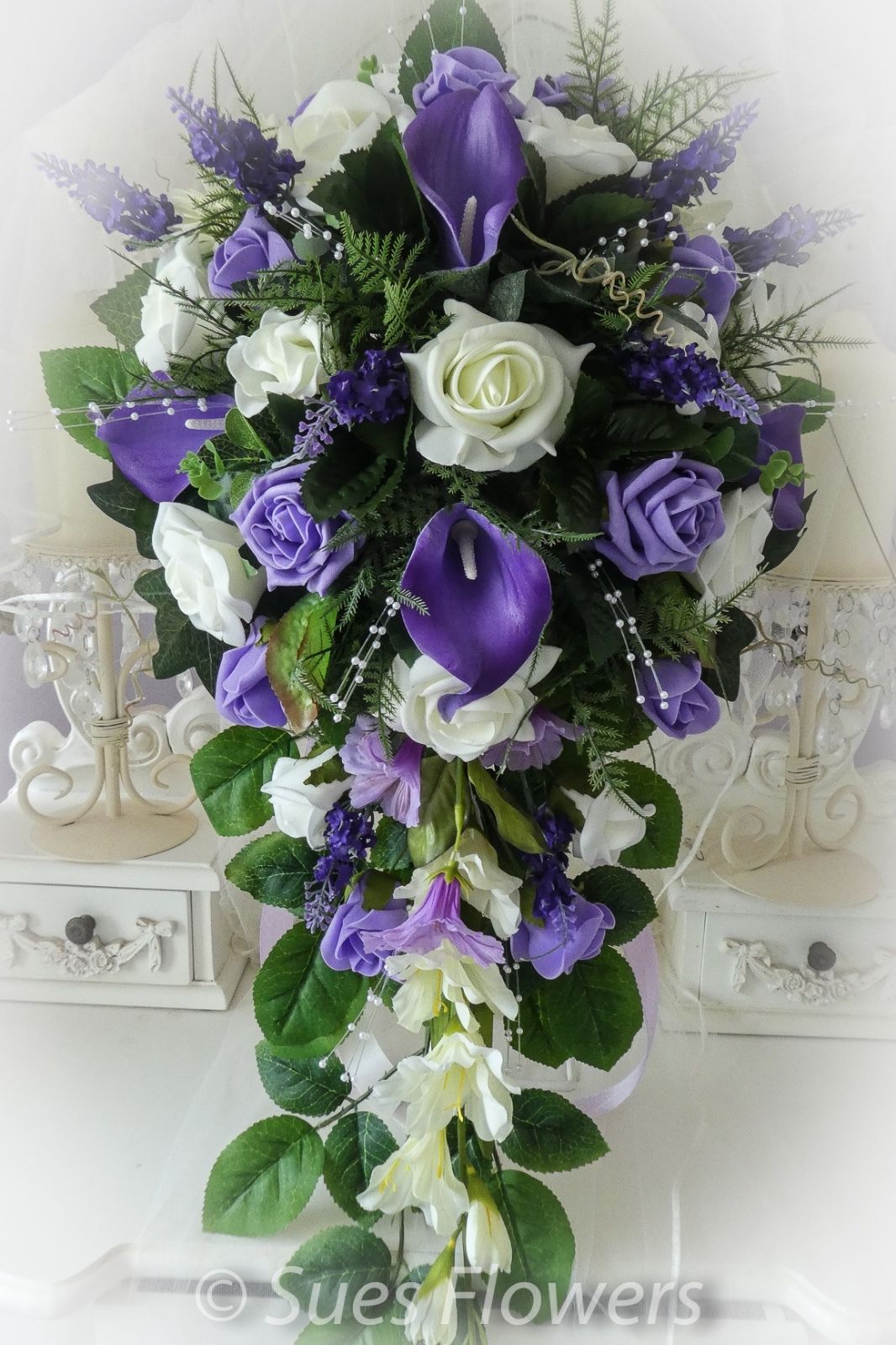 LARGE BRIDES TEARDROP BOUQUET IN  LILAC  purple  AND IVORY wedding flowers 