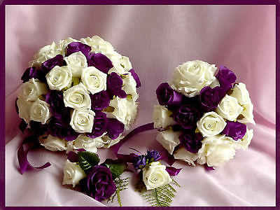 WEDDING FLOWERS =FULL SET IN CADBURYS PURPLE AND IVORY 